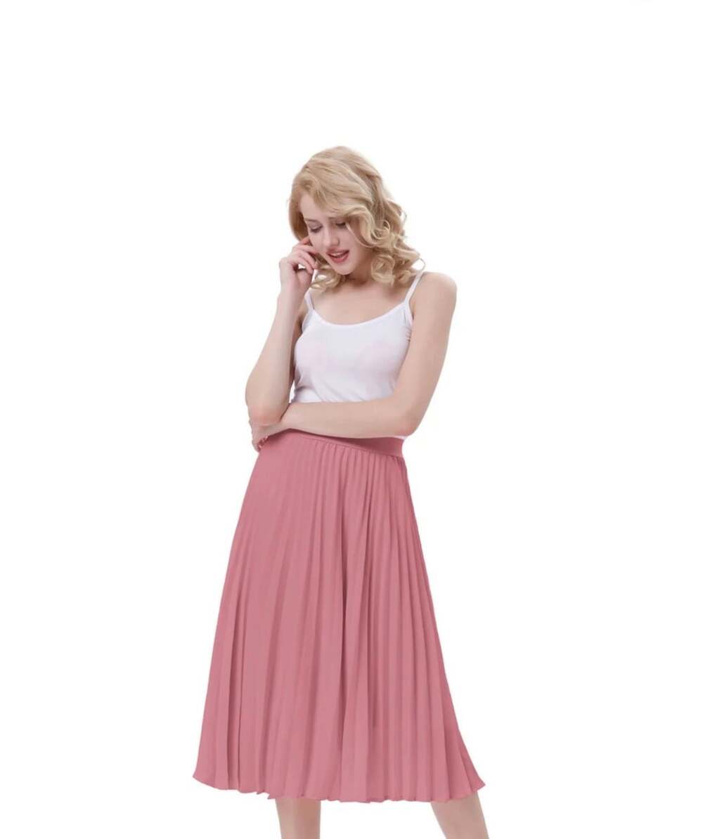Kate Kaspin Women's High Elastic Waist Pleated Midi A-Line Swing Skirt Pink Larg
